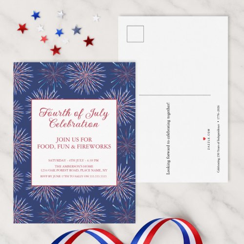 Patriotic 4th of July 2026 Fireworks Party Invitation Postcard