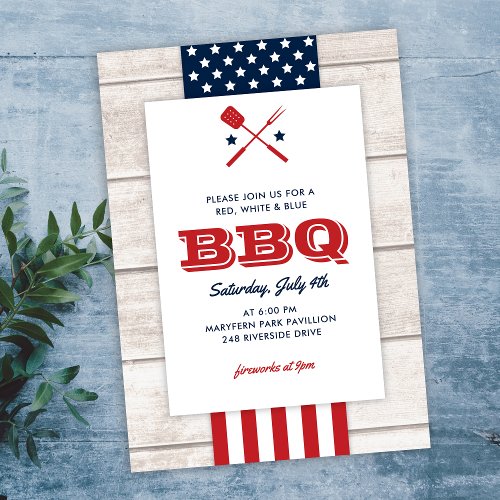 Patriotic 4th of July BBQ Rustic Wood Invitation