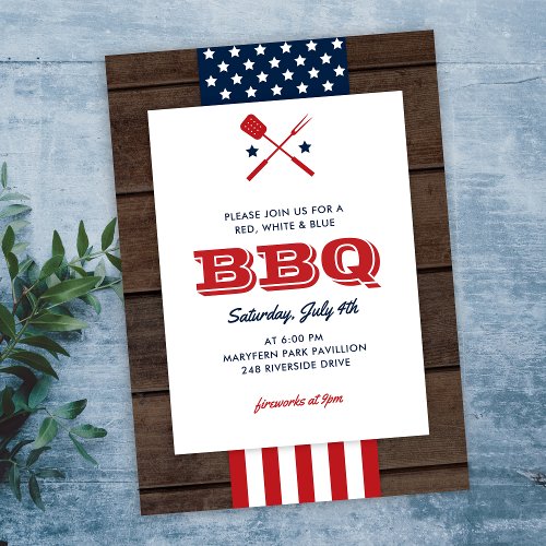 Patriotic 4th of July BBQ Rustic Wood Invitation