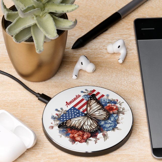 Patriotic 4th Of July Butterfly  Wireless Charger (Desk 2)