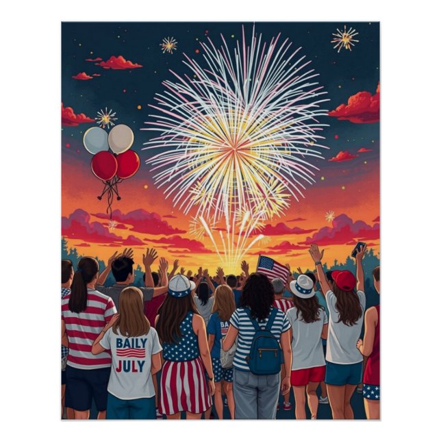Patriotic 4th of July Fireworks Celebration Crowd  Poster (Front)