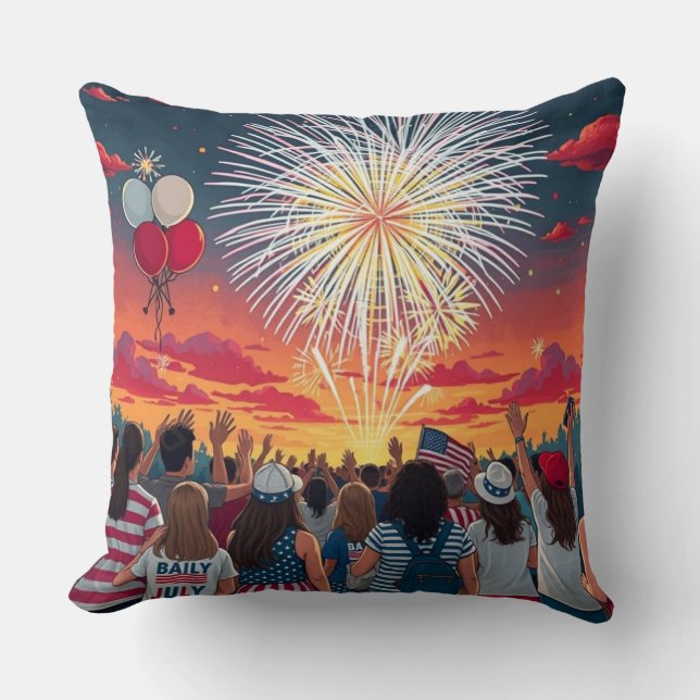 Patriotic 4th of July Fireworks Celebration Crowd  Throw Pillow (Front)