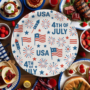 Patriotic 4th of July 🇺🇸 Fireworks, Stars & Fl Paper Plates