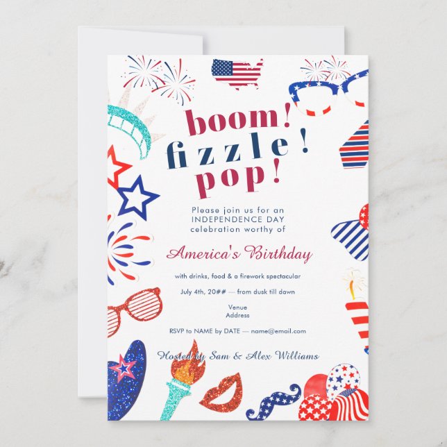 Patriotic 4th of July Fourth Boom Fizzle Pop BBQ Invitation (Front)