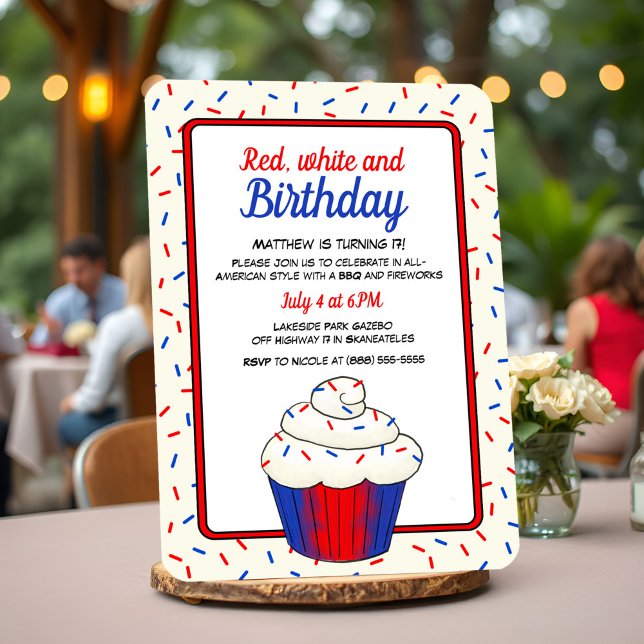 Patriotic 4th of July Fun Vanilla Cupcake Birthday Invitation (4th of July birthday invitation w/ a cupcake topped with vanilla frosting and red & blue sprinkles)