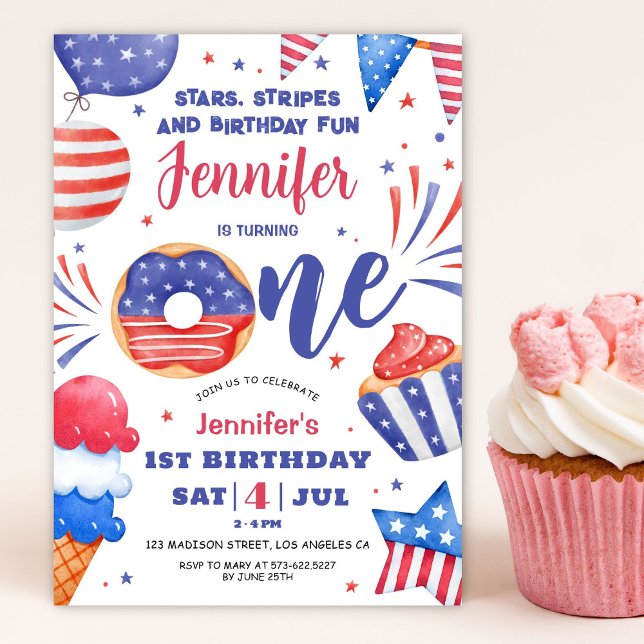 Patriotic 4th of July Girl 1st Birthday Invitation (Creator Uploaded)