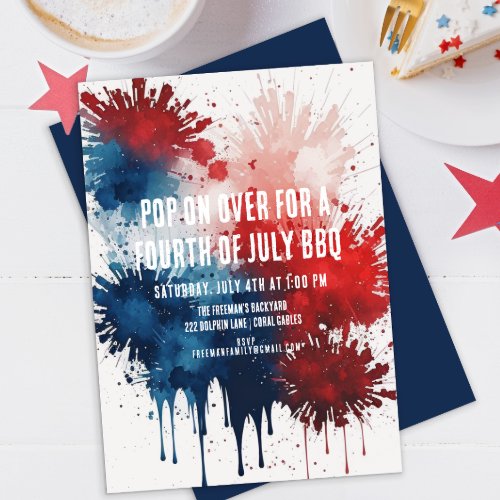 Patriotic 4th Of July Modern Watercolor BBQ  Invitation