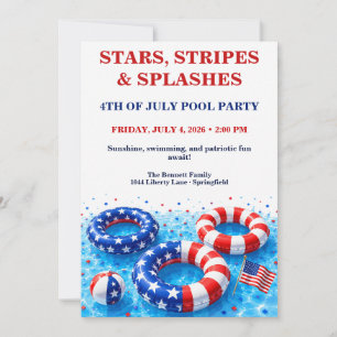Patriotic 4th of July Pool Party - Red White Blue Invitation