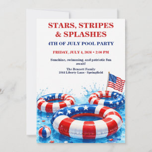 Patriotic 4th of July Pool Party - Red White Blue Invitation