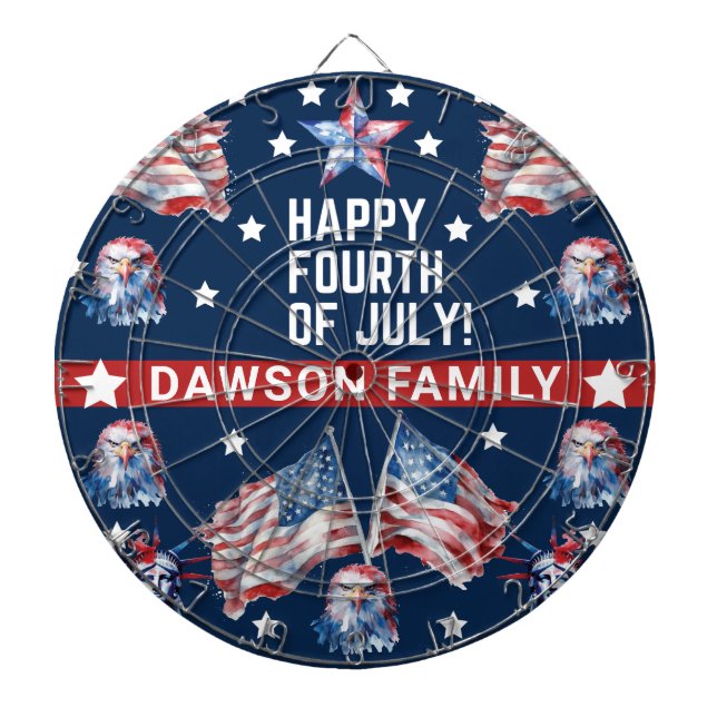 Patriotic 4th of July Watercolor Family Name  Dart Board (Front)