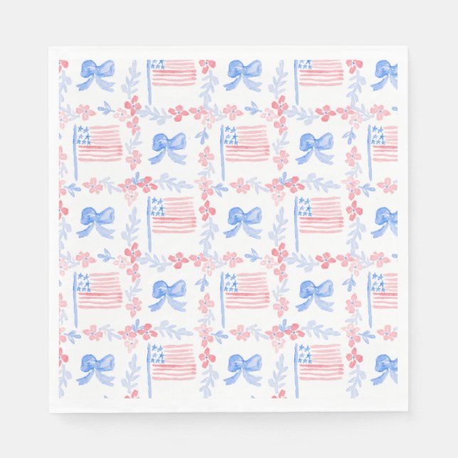 Patriotic 4th of July watercolor flags & bows Napkins (Front)