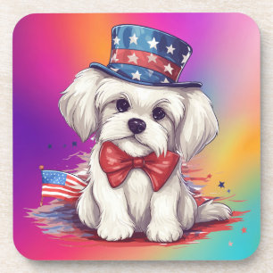 Patriotic 4th of July White Cute Puppy Dog-43568 Beverage Coaster