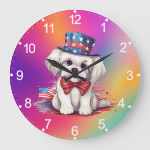 Patriotic 4th of July White Cute Puppy Dog-43568 Large Clock