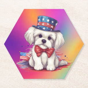 Patriotic 4th of July White Cute Puppy Dog-43568 Paper Coaster