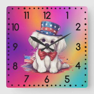 Patriotic 4th of July White Cute Puppy Dog-43568 Square Wall Clock