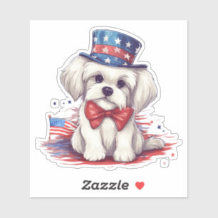 Patriotic 4th of July White Cute Puppy Dog-43568 Sticker