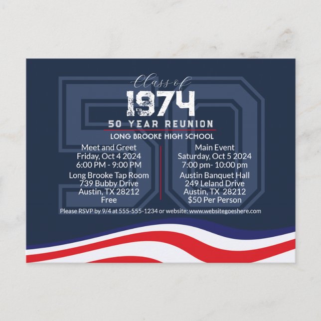 Patriotic 50 Year High School Class Reunion Postcard (Front)