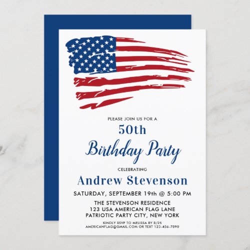 Patriotic 50th Birthday Party American Flag  Invitation - USA American Flag Birthday Party Invitations. Invite friends and family to your patriotic birthday celebration with these modern American Flag invitations. Personalize this american flag invitation with your event, name, and party details.
See our collection for matching patriotic birthday gifts ,party favors, and supplies. COPYRIGHT © 2021 Judy Burrows, Black Dog Art - All Rights Reserved. Patriotic 50th Birthday Party American Flag Invitation