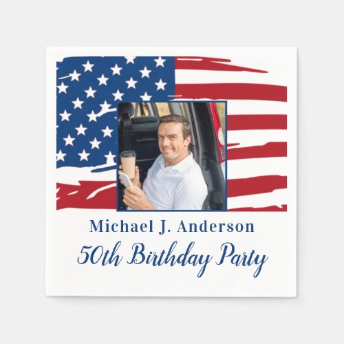 Patriotic 50th Birthday Party American Flag Photo Napkins - Patriotic American Flag Military Birthday Party Napkins. Host your patriotic birthday party with this USA flag patriotic american flag party napkins. USA American flag modern red white and blue design. This military party napkins are also perfect for military graduation parties, retirement, soldier going away party, soldier welcome home party.. See our collection for matching military birthday invitations, gifts, party favors, and supplies.  COPYRIGHT © 2021 Judy Burrows, Black Dog Art - All Rights Reserved. Patriotic 50th Birthday Party American Flag Napkins 
