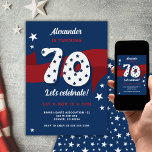 Patriotic 70th Birthday Party Red White Blue Stars Invitation<br><div class="desc">🎂Join us in celebrating a patriotic 70th birthday!🎈 Honor a veteran or military member with this red, white, and blue-themed birthday invitation. The eye-catching design showcases a red ribbon banner set against a background of deep blue, highlighted by a bold white retro number 70 accented with star cutouts. This personalized...</div>