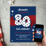 Patriotic 80th Birthday Party Red White Blue Stars Invitation<br><div class="desc">🎂Join us in celebrating a patriotic 80th birthday!🎈 Honor a veteran or military member with this red, white, and blue-themed birthday invitation. The eye-catching design showcases a red ribbon banner set against a background of deep blue, highlighted by a bold white retro number 80 accented with star cutouts. This personalized...</div>