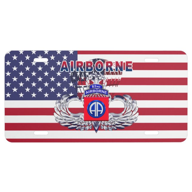 Patriotic 82nd Airborne Div Jump Wings Patch License Plate (Front)