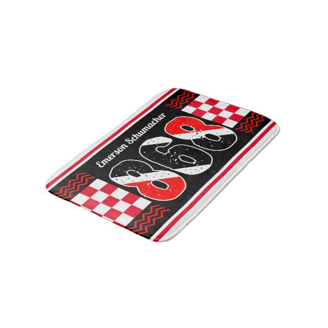 PATRIOTIC 868 Your Name | Checkered Flag on BLACK Bath Mat (Angled)