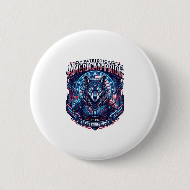 Patriotic Ai Freedom Wolf Cyberpunk Future Freedom Button (Front)