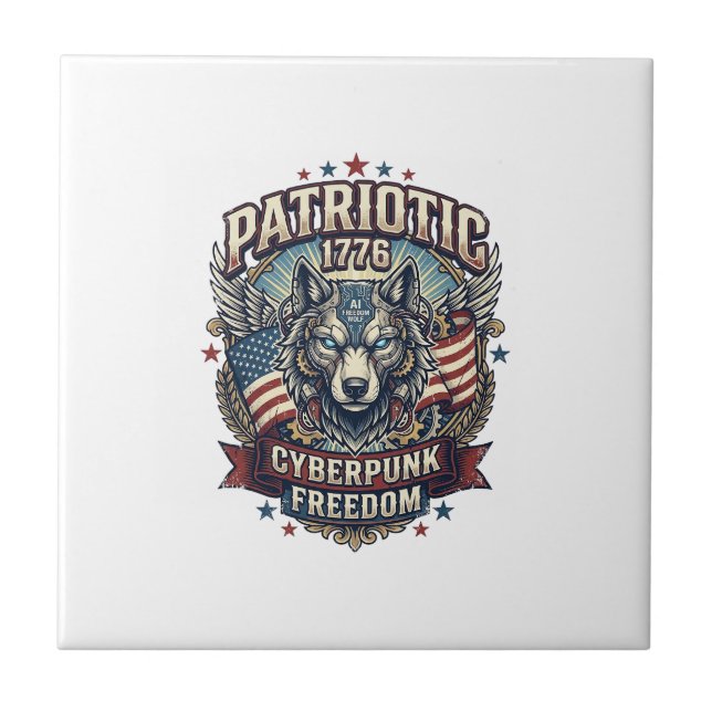 Patriotic Ai Freedom Wolf Cyberpunk Future Freedom Ceramic Tile (Front)