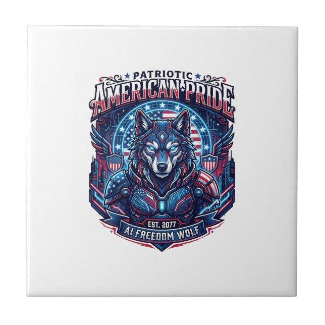 Patriotic Ai Freedom Wolf Cyberpunk Future Freedom Ceramic Tile (Front)