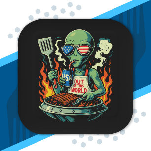 Patriotic Alien BBQ Grill American Flag Sunglasses Paper Plates