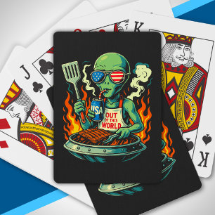 Patriotic Alien BBQ Grill American Flag Sunglasses Poker Cards