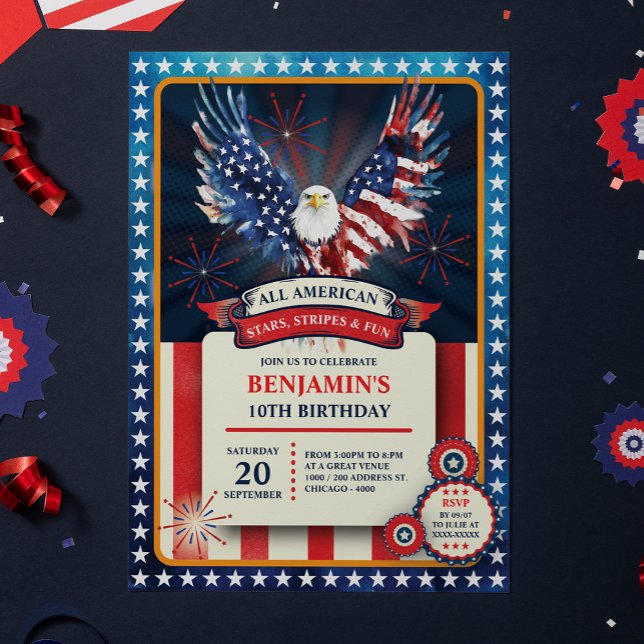 Patriotic All American Eagle Birthday Party Invitation (Celebrate in true American spirit with this bold and birthday invitation featuring a majestic eagle!)
