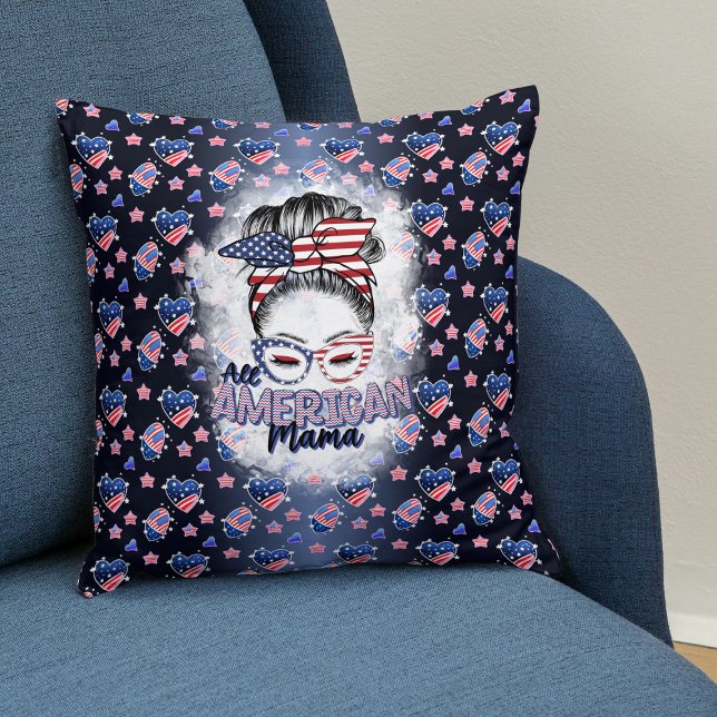 Patriotic All American Mama Messy Bun Throw Pillow (Creator Uploaded)
