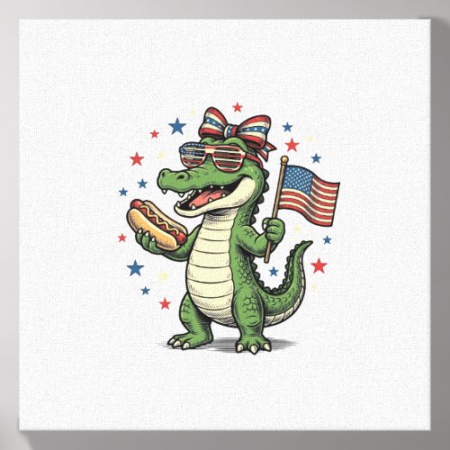 Patriotic Alligator Hot Dog Vintage Vector Shirt ( Canvas Photo Tile