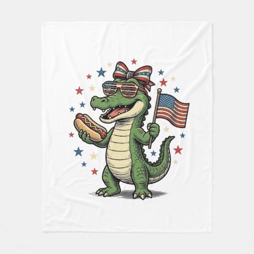 Patriotic Alligator Hot Dog Vintage Vector Shirt ( Fleece Blanket