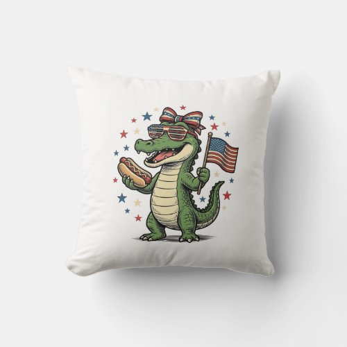 Patriotic Alligator Hot Dog Vintage Vector Shirt ( Throw Pillow