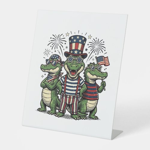 Patriotic Alligator Trio Vintage Fourth of July Sh Pedestal Sign