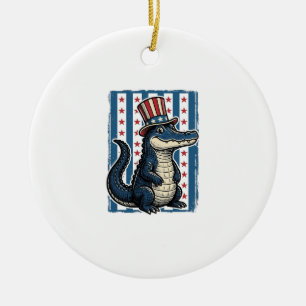 Patriotic Alligator Vintage Engraving Shirt Design Ceramic Ornament