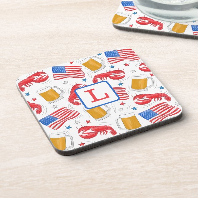 Patriotic America Flag Beer Lobster Monogram  Beverage Coaster (Left Side)