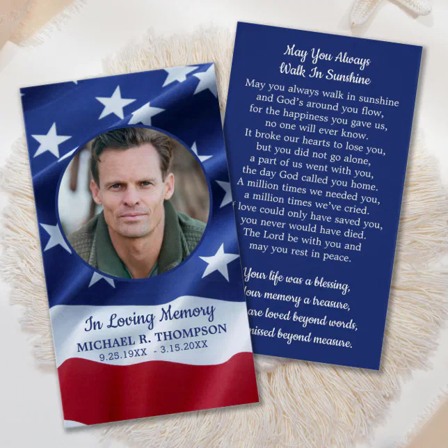 Patriotic America Flag Veteran Funeral Prayer Card | Zazzle