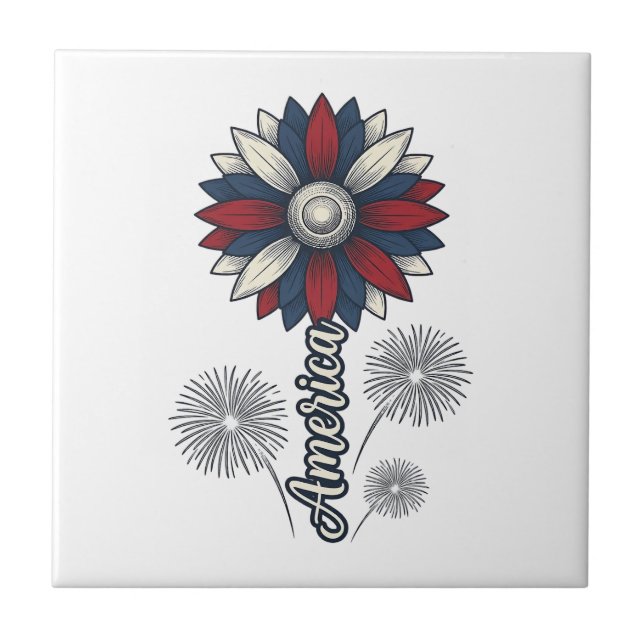 Patriotic America Flower Fireworks Vector Design_1 Ceramic Tile (Front)