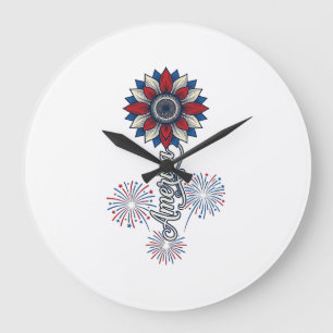 Patriotic America Flower Fireworks Vintage Design_ Large Clock