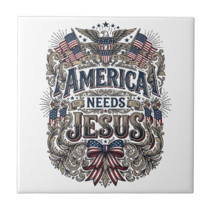Patriotic America Needs Jesus Vintage T-Shirt Ceramic Tile