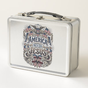 Patriotic America Needs Jesus Vintage T-Shirt Metal Lunch Box