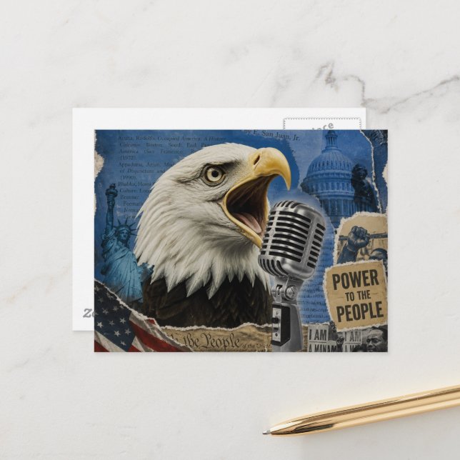 Patriotic American Bald Eagle Mixed Media Collage Postcard (Front/Back In Situ)