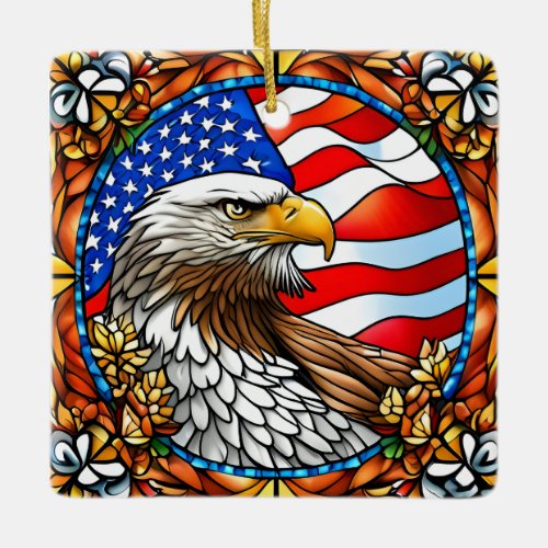 Patriotic American Bald Eagle Stained Glass Ceramic Ornament