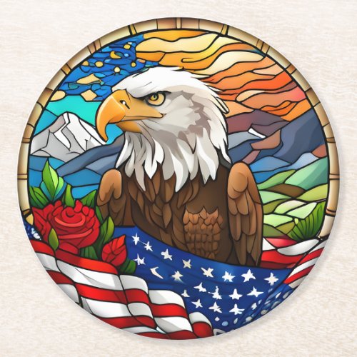 Patriotic American Bald Eagle Stained Glass Round Paper Coaster