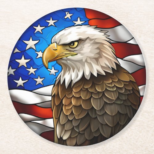 Patriotic American Bald Eagle Stained Glass Round Paper Coaster