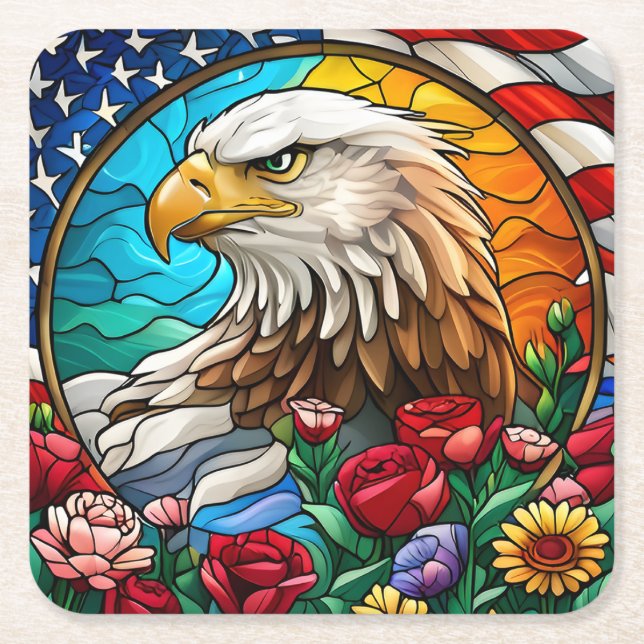 Patriotic American Bald Eagle "Stained Glass" Square Paper Coaster (Front)